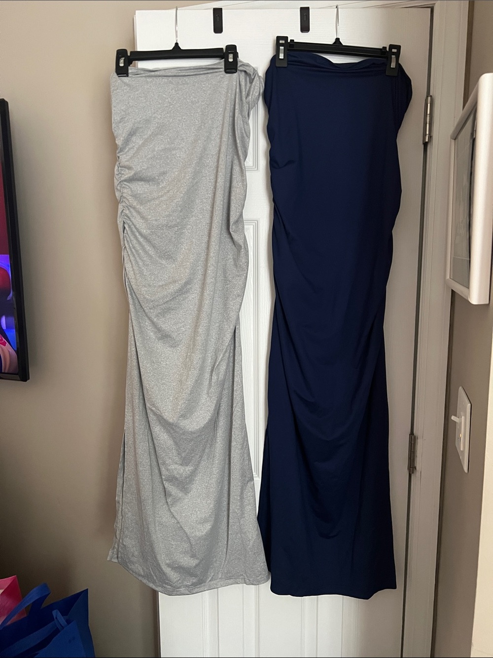 Women’s Navy and Light Gray Ruched Maxi strapless dresses